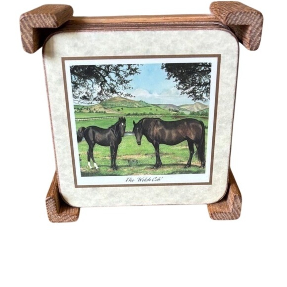 Vintage‎ Pimpernel Horse Coasters (6) Cork Backed w/Wooden Holder Kentucky Derby
